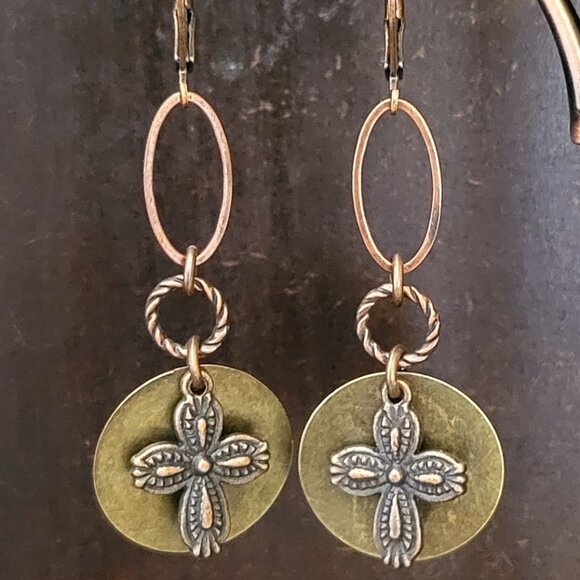 Beautiful Copper Bronze CROSS Charm Coin Lever Back Earrings Faith, Hope, Love - Picture 6 of 8